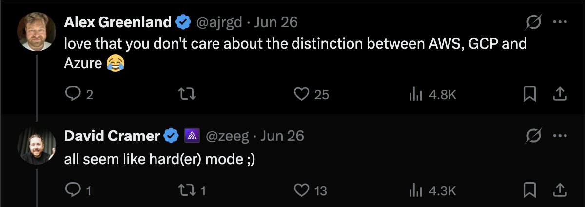 Reply thread: love that you don't care about the distinction between AWS, GCP and Azure. Response: all seem like hard(er) mode